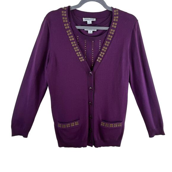 Pendleton NWOT Wine Button Up Cardigan Tank Embellished Set Silk Nylon Cotton M - Picture 1 of 9